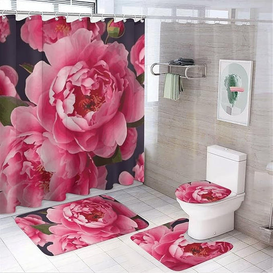 4 Piece Bathroom Rug Set with Shower Curtain, Non-Slip Bath Mat Toilet Cover Set, Peony Flowers Bathroom Rug Sets