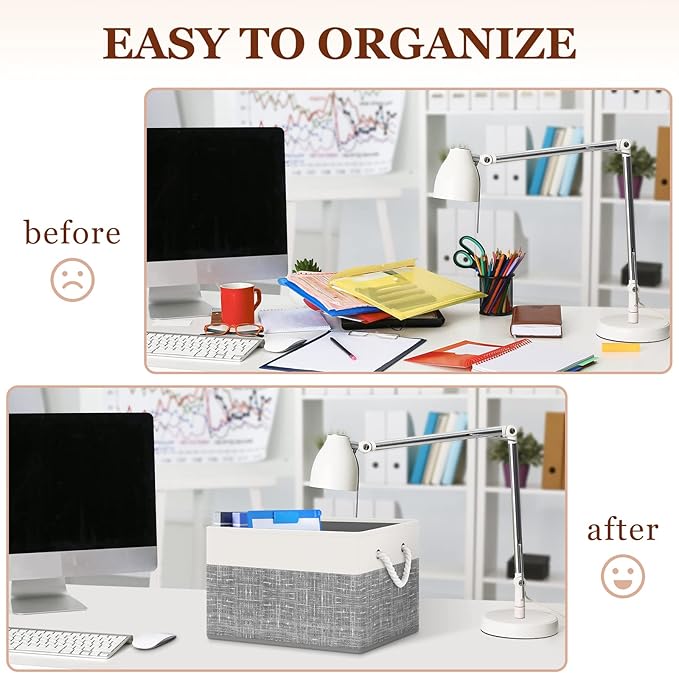 Storage Bin,Collapsible Storage Basket For Organizing,Large Storage Boxes With Rope Handles,Storage Containers,White & Grey,8 Pack
