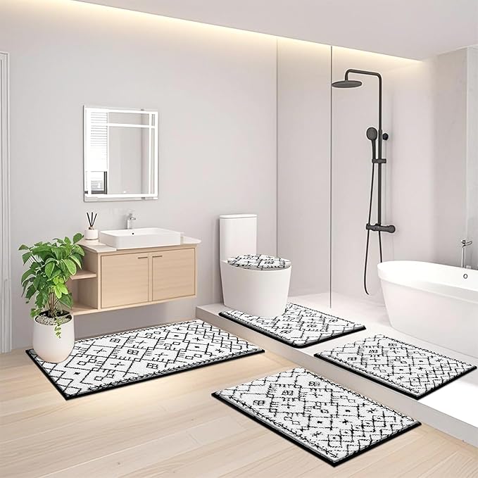 HEBE Bathroom Rug Sets 5 Piece, Soft Absorbent Bath Mats for Bathroom, Non Slip Machine Washable Bath Rugs Set with U Shaped Contour Toilet Rugs, Bath Runner and Toilet Lid Cover, White/Black