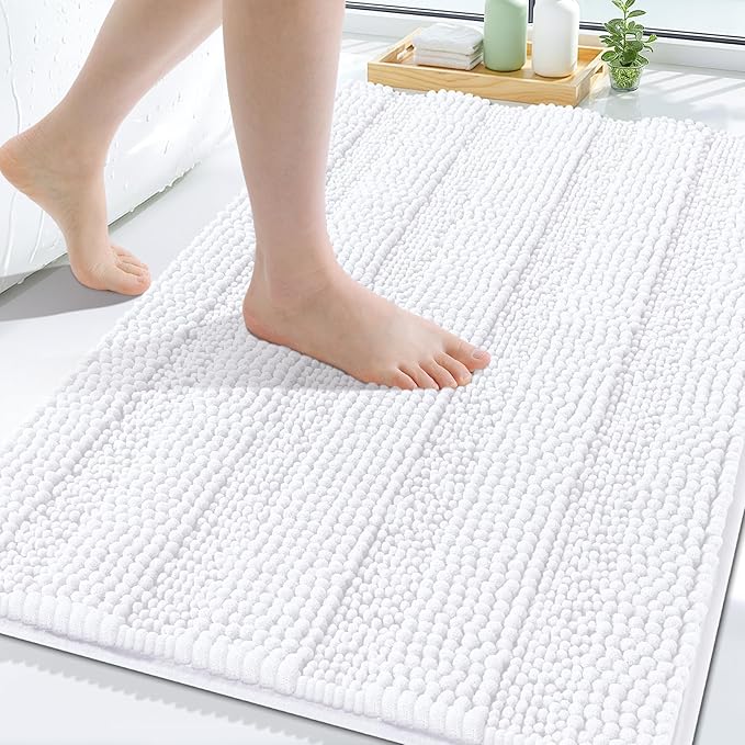 Grandaily Chenille Striped Bathroom Rugs 24x16, Extra Thick and Soft Absorbent Bath Mats, Rubber Backing, Plush Shaggy Shower Carpet, Machine Wash Dry, Bath Rug for Bathroom, Solid White