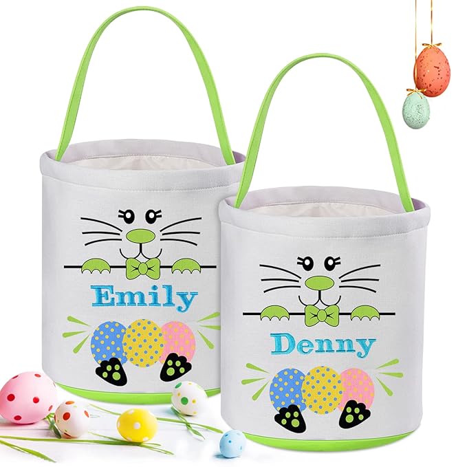 Personalized Easter Basket for Kids, VAPCUFF 2 Pcs Easter Baskets for Boys Girls Easter Bunny Basket Easter Basket Bags Easter Gifts Baskets for Kids Easter Empty Basket Easter Egg Hunt Basket