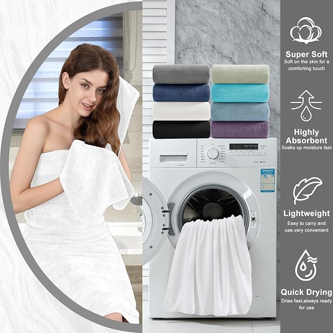 8 Piece Bath Towel Set White|2 Oversized Large Bath Sheet,2 Hand Towels,4 Washcloths| Ultra Soft Cozy Bath Towel Set for Bathroom Hotel Gym Spa,Highly Absorbent & Quick Dry Bathroom Towel Collections