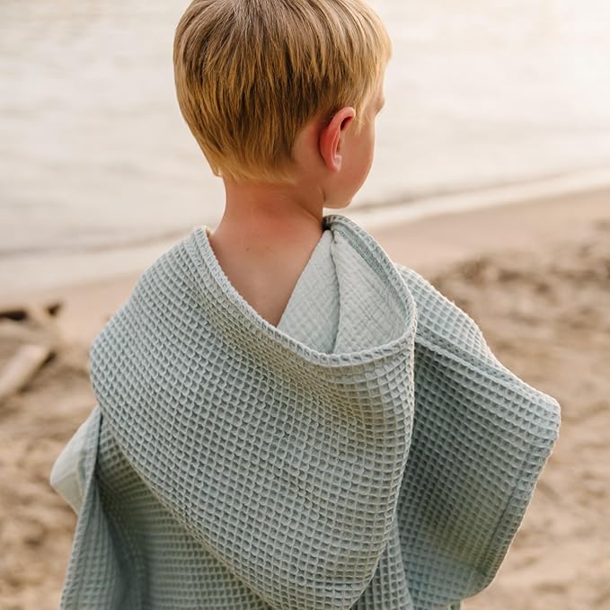 Jade&Kai Hooded Towel for Kids | Snaps into a Poncho | Organic Cotton Waffle | Lightweight and Absorbent | Bath, Beach, and Pool | Multiple Colors | (Medium (3-6 Yrs), June Breeze)