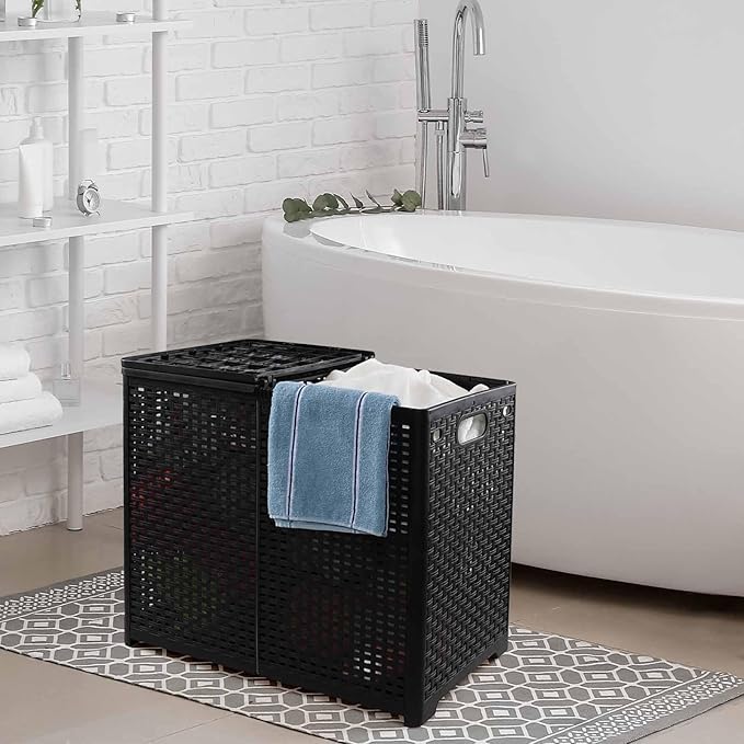 Bringer 1 Pack Double Plastic Laundry Hamper, Collapsible Laundry Basket with Lids, Black