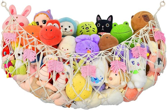 60"Stuffed Animal Net or Hammock for Stuffed Animal Storage,Flat Wall Mounted Hanging Net Organizer for Kids Plush Toys,Space-Saving Wall Storage with Hooks,Durable Mesh for Nursery & Playroom (White)