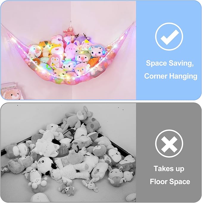 Basumee Stuffed Animals Net or Hammock with LED Light Hanging Toy Net Hammock for Stuffed Animals Storage Stuff Animals Hammocks for Nursery Room with Remote Control, 8 Kinds of Lights(Pack of 1)