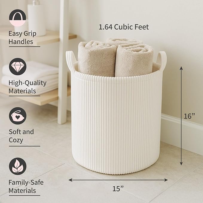 PUTSKA Blanket Basket – Round Storage for Toys and Blankets, Clothes, Stuffed Animals – Soft Baby Basket for Nursery, Kids Room, Bedroom, Living Room – Large, Cream