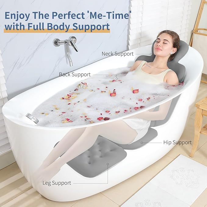 Bath Cushion, Full Body Bathtub Pillow with 160 Suction Cups, Bath Mat for Head and Neck Support, with Laundry Bag (Dark Gray, 56" x 16")