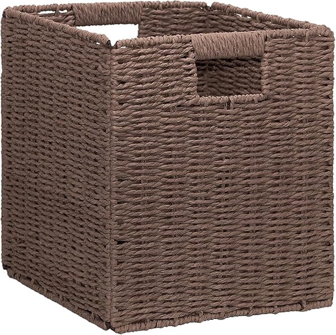 10.5x10.5in Storage Baskets Set Water Hyacinth Baskets,Foldable Handwoven Storage Cubes,Wicker Cube Baskets Laundry Organizer Totes for Bathroom, Bedroom, Laundry, Pantry, Shelves (1, Dark Brown)