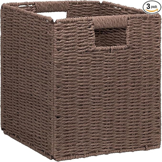 10.5x10.5in Storage Baskets Set Water Hyacinth Baskets,Foldable Handwoven Storage Cubes,Wicker Cube Baskets Laundry Organizer Totes for Bathroom, Bedroom, Laundry, Pantry, Shelves (3, Dark Brown)