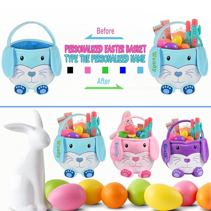 Personalized Easter Basket, PEMIRSAYO Easter Baskets for Kids Easter Bunny Baskets Custom Easter Basket Personalized Easter Gifts Toddler Easter Baskets Empty - Blue