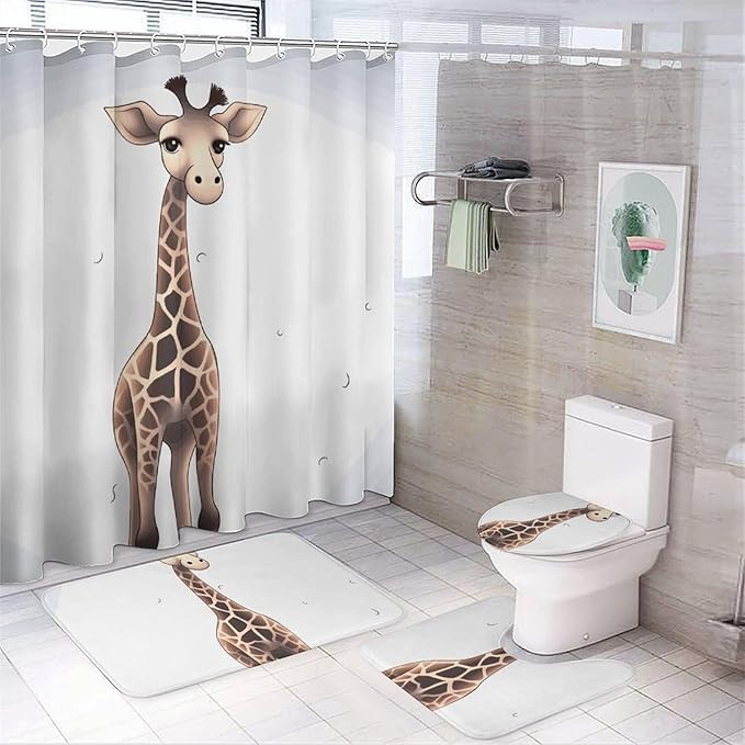 4 Piece Bathroom Rug Set with Shower Curtain, Non-Slip Bath Mat Toilet Cover Set, Cute Giraffe Bathroom Rug Sets