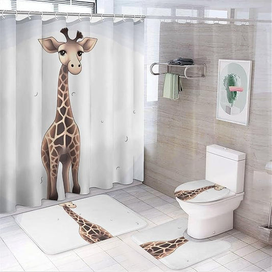 4 Piece Bathroom Rug Set with Shower Curtain, Non-Slip Bath Mat Toilet Cover Set, Cute Giraffe Bathroom Rug Sets