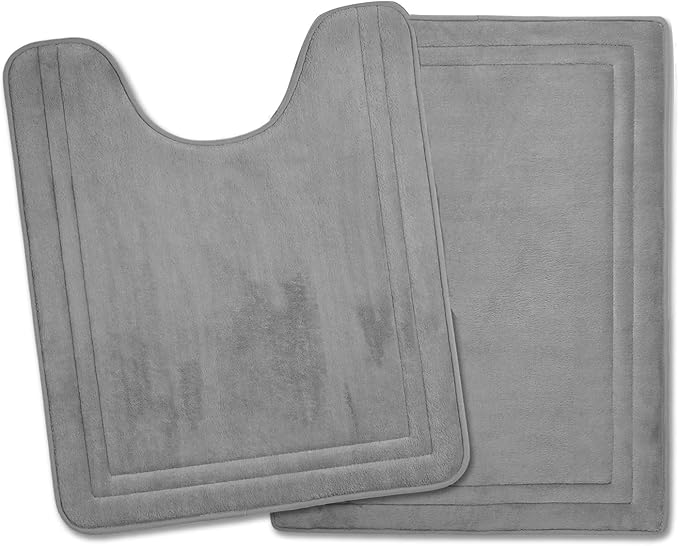 Grey Bathroom Rug Set of 2 Memory Foam Bath Mat and U-Shaped Contour Toilet Rug Non Slip Washable Floor Mats Soft Absorbent Plush Microfiber Shower Tub Bathmat Gray,24"x17"+24"x20"