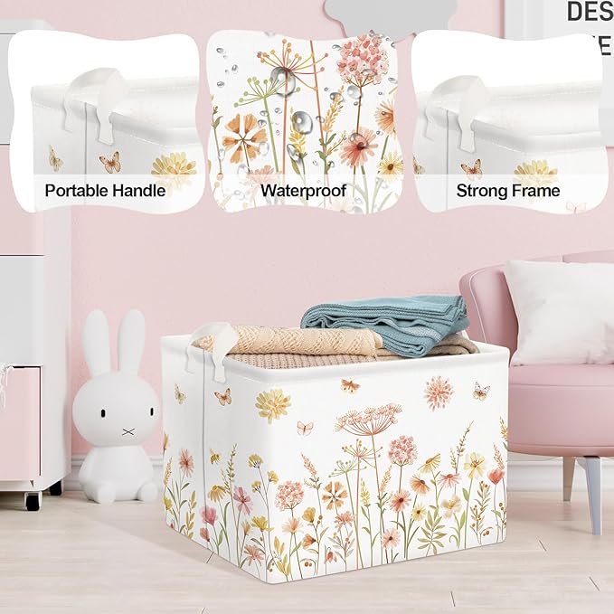 Clastyle Boho Flower Nursery Bin Spring Summer Wildflower Floral Dandelion Plant Butterfly Baby Girl Gift Basket Rectangle Clothes Towel Basket Book Toy Chest