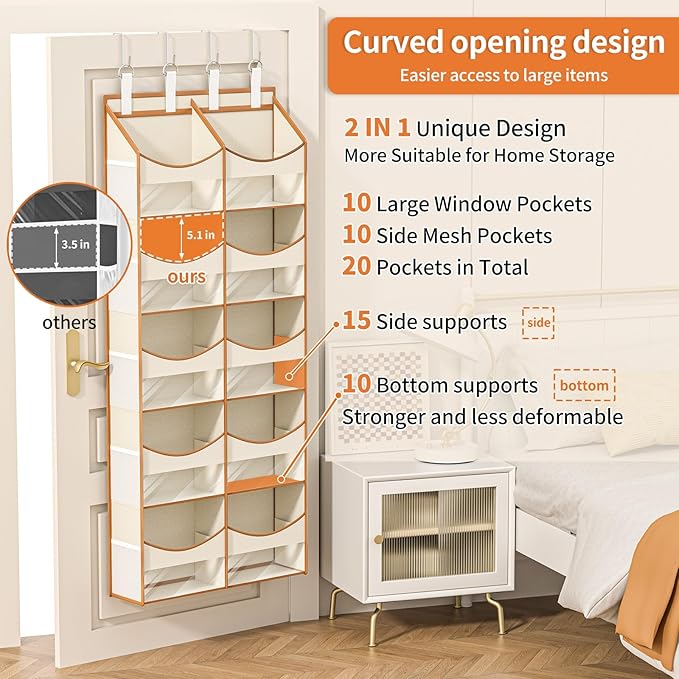 Aokeyee 5 Tiers Over the Door Storage Organizer, Behind Door Storage for Baby Nursery, 80lb Capacity Door Hanging Organizer with 10 Compartments & 10 Mesh Pockets for Closet, Bedroom, Bathroom, Toys