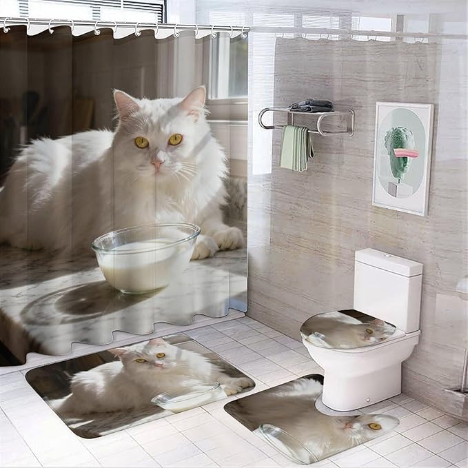 4 Piece Bathroom Rug Set with Shower Curtain, Non-Slip Bath Mat Toilet Cover Set, Greedy Cat Bathroom Rug Sets