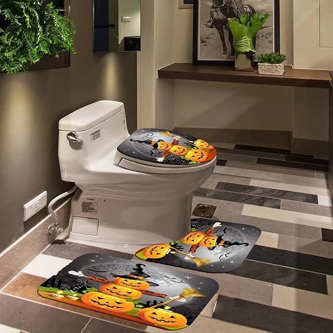 Halloween Pumpkin Waterproof Curtain,with Non-Slip Rugs,Toilet Lid Cover and Bath Mat,Bathroom Shower Decor Accessory Set