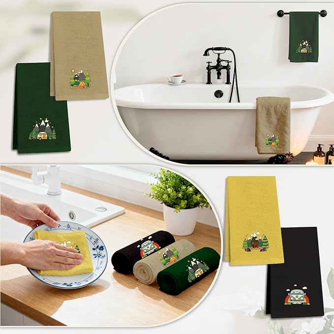 4 Pcs Camping Towels Camp Cotton Towel Set 29 x 13.3 Inch Camper Embroidered Towels Hand Kitchen Decorative Camping Bath Hand Towel Camper Bathroom Accessories Farmhouse Decor Housewarming Gift