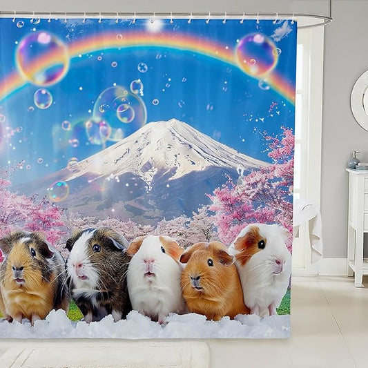 Guinea Pig Shower Curtain for Girls Boys Kids Cute Cavy Lovely Pet Bath Curtain Rainbow Mountain Landscape Bathroom Shower Curtain Set Room Decor Cherry Tree Waterproof Polyester Curtains 72x78 Inch