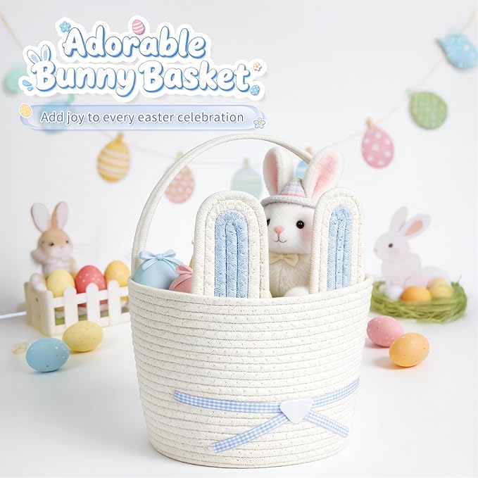 Easter Basket, Easter Bunny Basket with Removable Ears Woven Easter Egg Hunt Basket First Easter Gift Baskets Empty Easter Baskets Essentials Easter Bucket for Girls Boys Teens (Blue White)