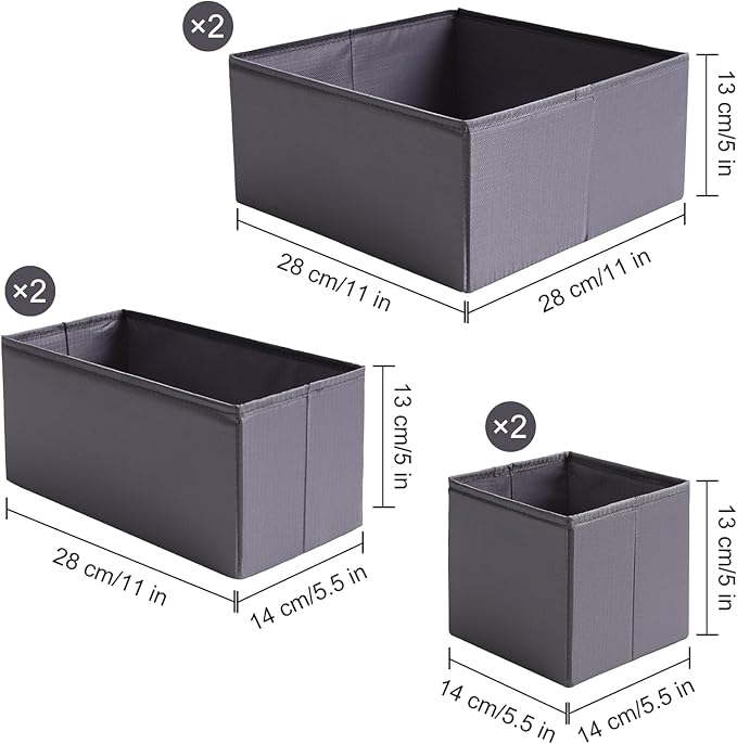 TYEERS Drawer Organizers, Durable Fabric, Washable, with Base Support Boards, Small Storage Boxes for Bathroom, Closet, Dresser, Set of 6, Dark Grey