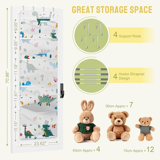 Yecaye Stuffed Animal Storage, Hanging Organizer for Stuffed Animals with 6 Expandable Mesh Net Pockets, Stuffed Animal Hammock, Over the Door Organizer, Dinosaur Print