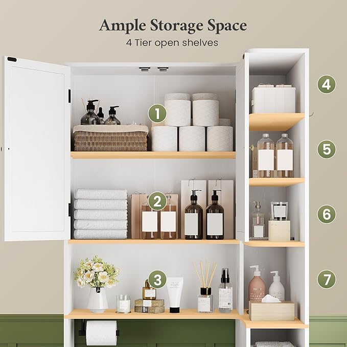 7-Tier L-Shaped Over Toilet Storage Cabinet with 2 Drawers, Tissue Holder & Towel Holder, Bathroom Storage Cabinet with 2 Doors & Adjustable Shelf for Bathroom, Laundry Room, White