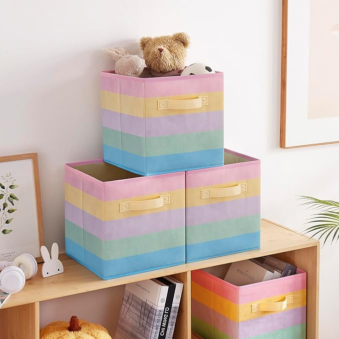 11 Inch Fabric Collapsible Storage Cubes,3 Pack Rainbow Colored Closet Storage Bins with 2 Handles Foldable Cube Baskets for Organizing Clothes, Toys, Books