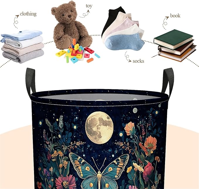 Butterfly Garden Laundry Basket for Women, Large Canvas Collapsible Organizer Storage Basket for Nursery,Office,Toy Organizer,Home,Decor - 19.7" X 15.7 "