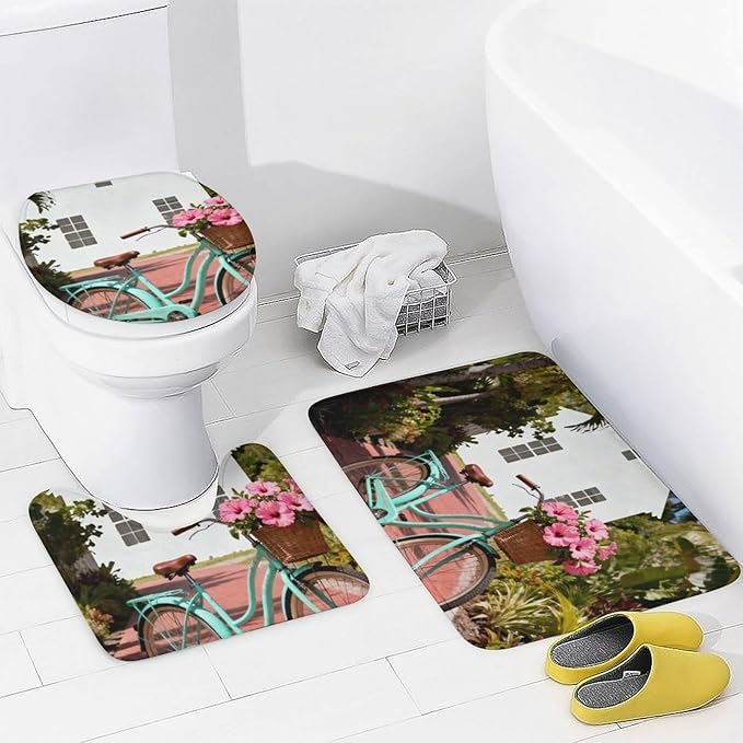 4 Piece Bathroom Rug Set with Shower Curtain, Non-Slip Bath Mat Toilet Cover Set, Bike Bathroom Rug Sets