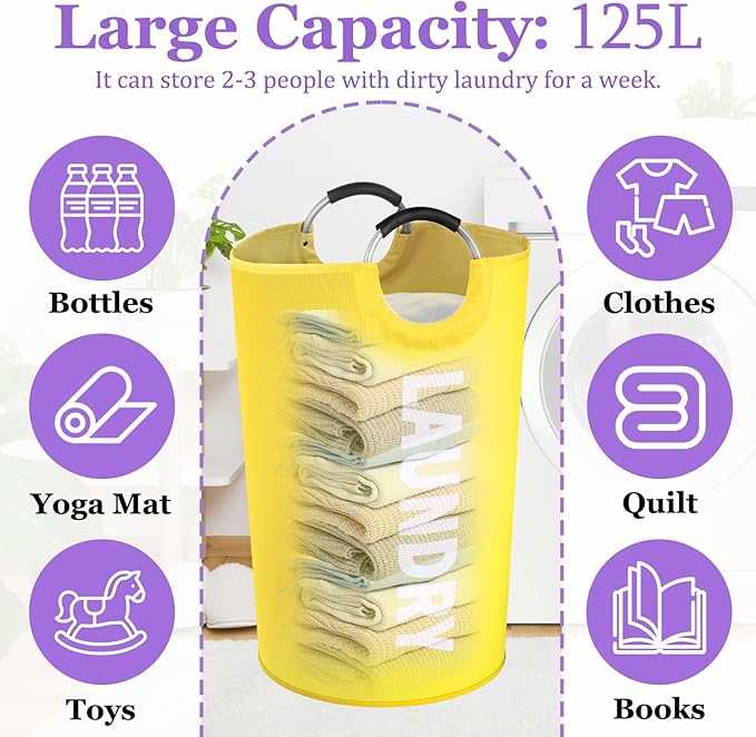 125L Large Laundry Basket with Handles, Foldable Clothes Hampers Stand Up Well, Portable Dirty Clothes Hamper, Rugged Laundry Basket for Flat, Dorm, Travel, Yellow