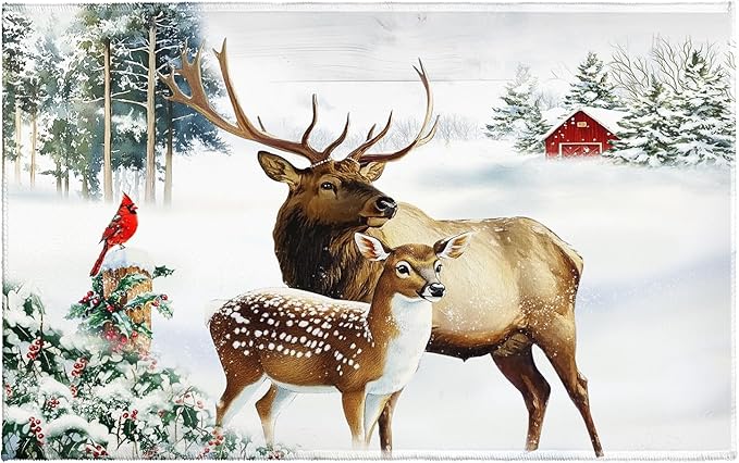 32x20in Winter Deers Bathroom Rug- Xmas Tree Red Bird Berries Bath Mats- Rustic Elk Moose Snow Cottage Non-Slip Holiday Seasonal Bath Rugs for Shower Room Bathtub Sink Bedside