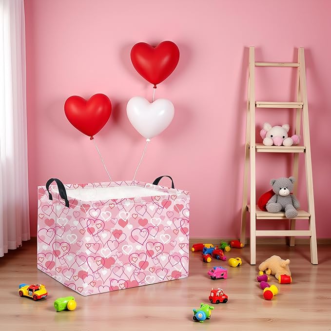 HIYAGON Rectangular Valentines Basket Baby Girl Storage Bin Pink Basket Organizer Box Heart Room Decor(Pink Heart)