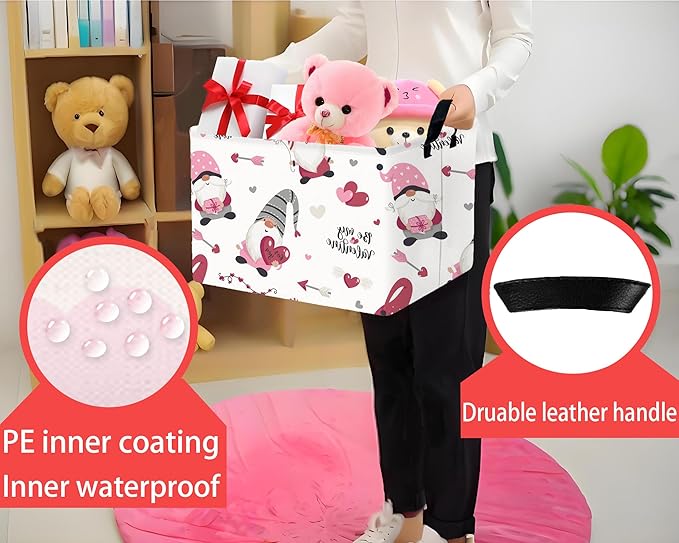 Large Valentine's Day Basket Heart Shaped Storage Bin for Gifts Collapsible Organizer Room Decor (Arrow Gnome Love)