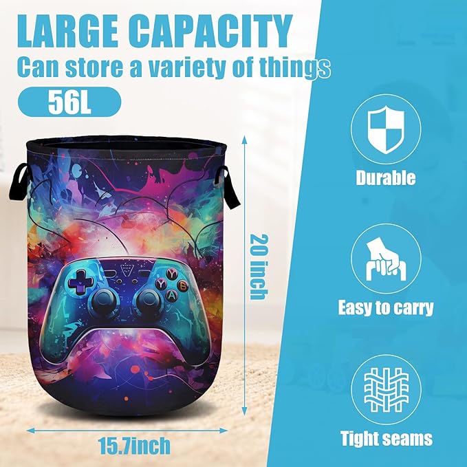 Gamepad Neon Ligh Laundry Basket, Laundry Hamper Collapsible Oxford Cloth with Handle Clothes Toy Storage Bin for Bathroom Laundry Room Bedroom 15.7 X 20 Inch