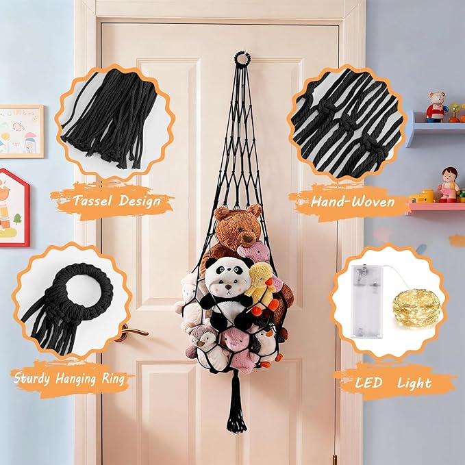 Stuffed Animal Hammock Corner Net with LED Light Plushies Storage Hammock for Stuffed Animals Boho Room Decor Macrame Wall Decor