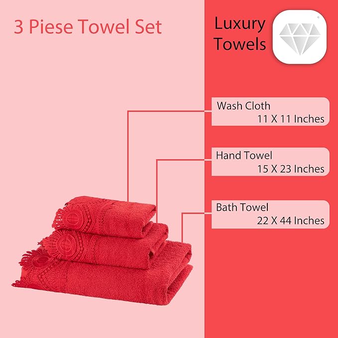 3 Piece Laced Bath Towels Set for Bathroom, Bath, Hand & Wash Cloths, Decorative Stylish Plush Cotton Washcloths - Showering, Face & Body Washing, Airbnb Essentials & Host Accessories, Red