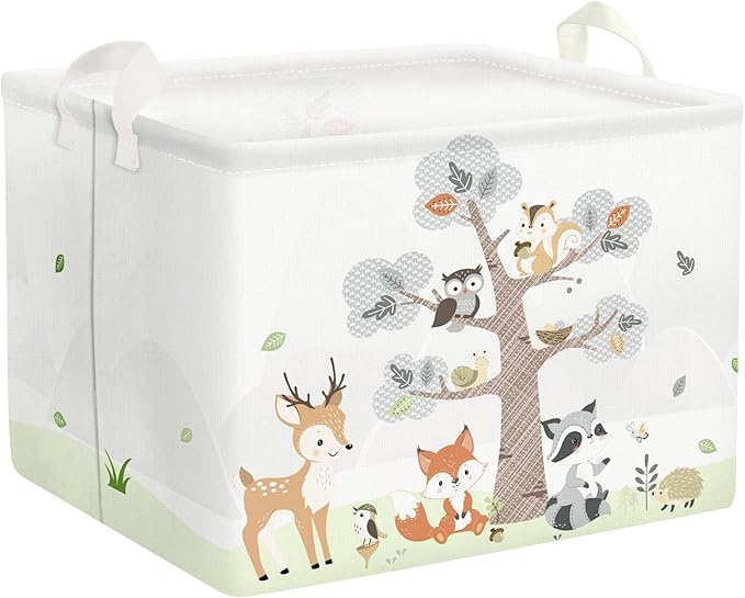 Clastyle 36L Large Woodland Animal Tree House Baby Basket Rectangle Deer Fox Squirrel Shelf Basket with Handle Collapsible Book Toy Clothes Towel Nursery Storage Basket