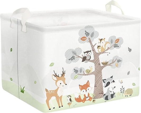 Clastyle 36L Large Woodland Animal Tree House Baby Basket Rectangle Deer Fox Squirrel Shelf Basket with Handle Collapsible Book Toy Clothes Towel Nursery Storage Basket