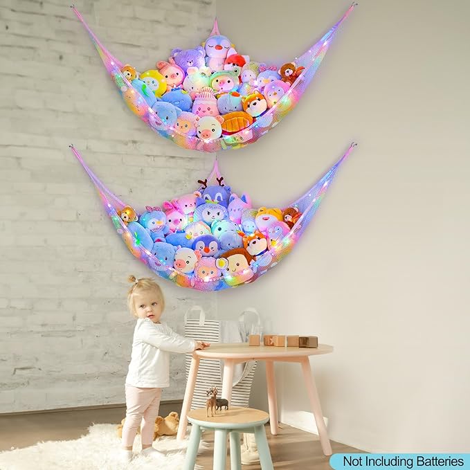 Unicorn Castle Stuffed Animals Net or Hammock Kids Toy Storage Organizer with LED Light Hanging Corner Stuffed Animals Holder Kids Girls Room Decor,Rainbow-A,Large (Pack of 2)