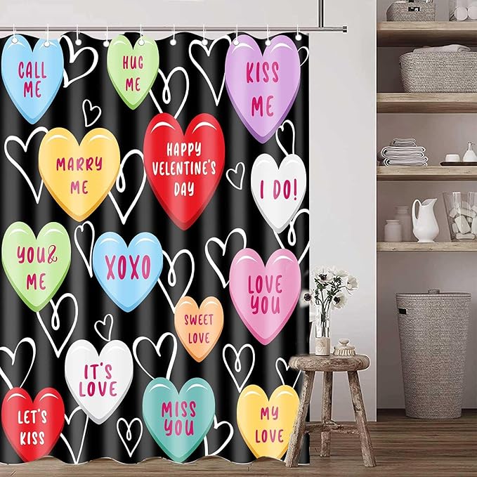 Happy Valentine Day Cute 60x72 Shower Curtain for Girls Love Me Kiss Me Red Black Love Hearts Romantic Shower Curtain Set Decor Bathroom Accessories Fabric Polyester Kid Bath Curtain with Hooks