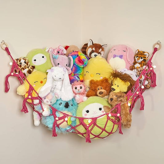 Stuffed Animal Storage Macrame Hammock w/String Lights, Large - Boho Room Decor Toy Storage - Corner Hanging Plushie Stuffed Animal Net Organizer (Pink)