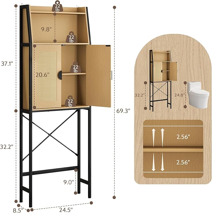 Over The Toilet Storage Cabinet with Rattan Doors, Bathroom Organizer with Adjustable Shelf, Metal Frame & Anti-Tip Device, Space-Saving Wood Cabinet for Bathrooms, Laundry Room, Natural