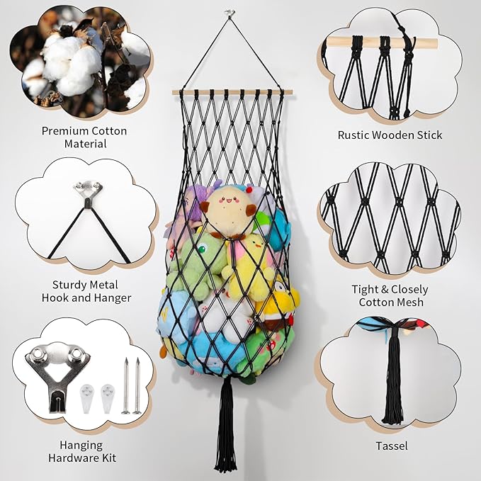 Stuffed Animal Storage Net, 68 Inch Jumbo Macrame Vertical Stuffed Animals Hammock Corner, Wall Ceiling Hanging Stuffy Hammock Plushie Holder Display for Kid Boy Girl Gift Boho Nursery Decor (Black)