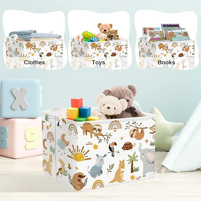 Clastyle Cute Forest Animal Laundry Basket Elephant Lion Kids Clothes Book Storage Basket Gift Toy Box for Bedroom Decor,Brown,40x30x30 cm