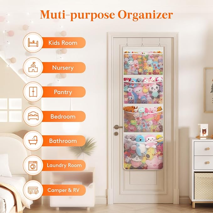 Lifewit Stuffed Animal Storage, Over the Door Organizer with 5 Expandable Mesh Pockets, Breathable Oxford Fabric Hanging Kid Baby Plush Toy Holder for Nursery, 167 cm (65.8'') High, White, 1 Pack