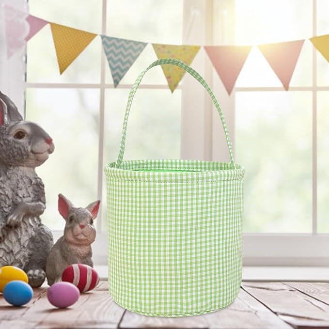 Plaid Easter Basket Stitch Easter Bag for Kids Colorful Cloth Baskets with Long Handle 9 Inch Spring Decorations (Green)