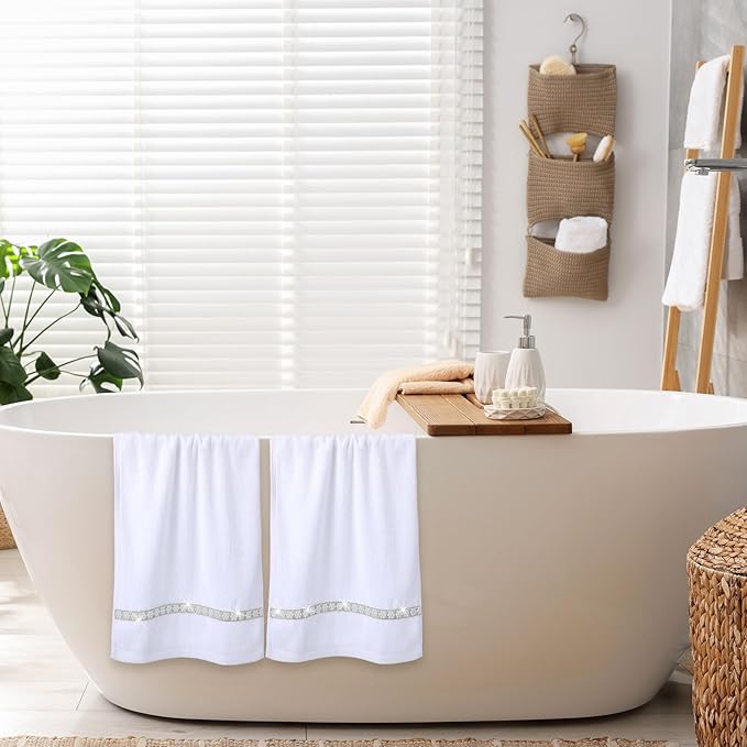 2 Pcs White Sparkling Hand Towels with Pearl for Bathroom 100% Cotton Glitter Soft Elegant Hand Bath Towels Absorbent Machine Washable for Spa Yoga Hotel Sport, 29.5" x 13.8"