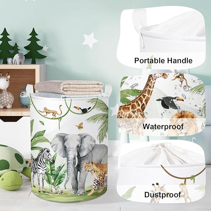 Safari Animals Baby Laundry Hamper Collapsible Clothes Kids Storage Basket Giraffe Lion Large Boys Girls Gift Toy Box Bin for Nursery, Monkey, 63L